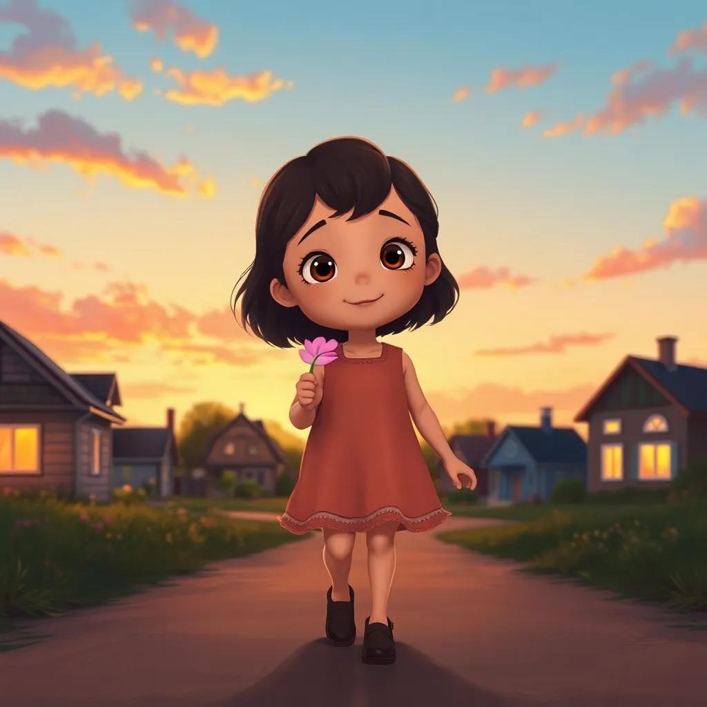 A little girl named Alif with a petal in her hand, walking home through the village at sunset, how beautiful the sky looks, cozy houses in the background, digital painting, warm colors in the evening, peaceful atmosphere, high quality