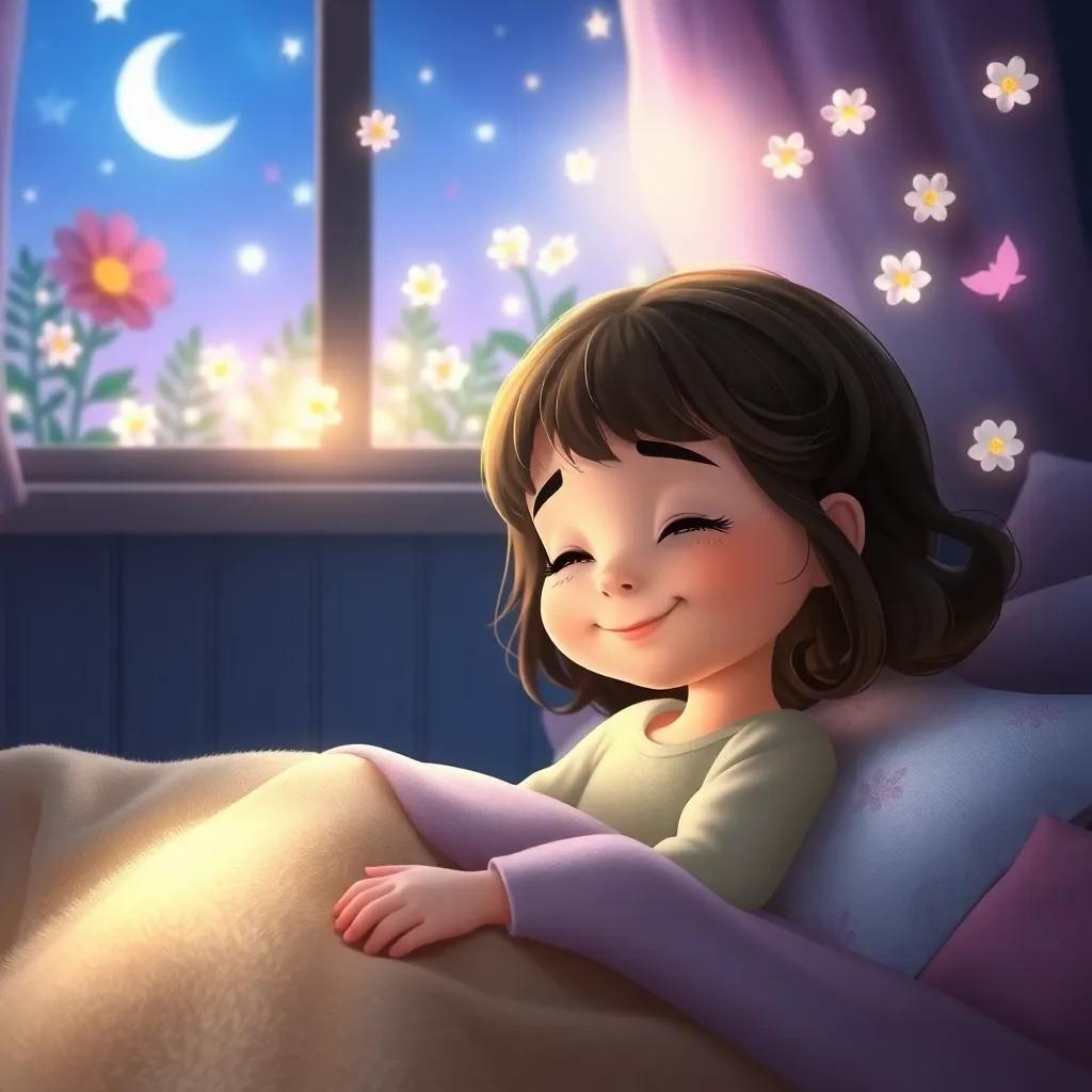 Alif, a little girl with a smile, sleeping peacefully in her cozy room, with dreams of flowers and adventures, soft glowing night, digital art, calming and dreamy atmosphere, high quality