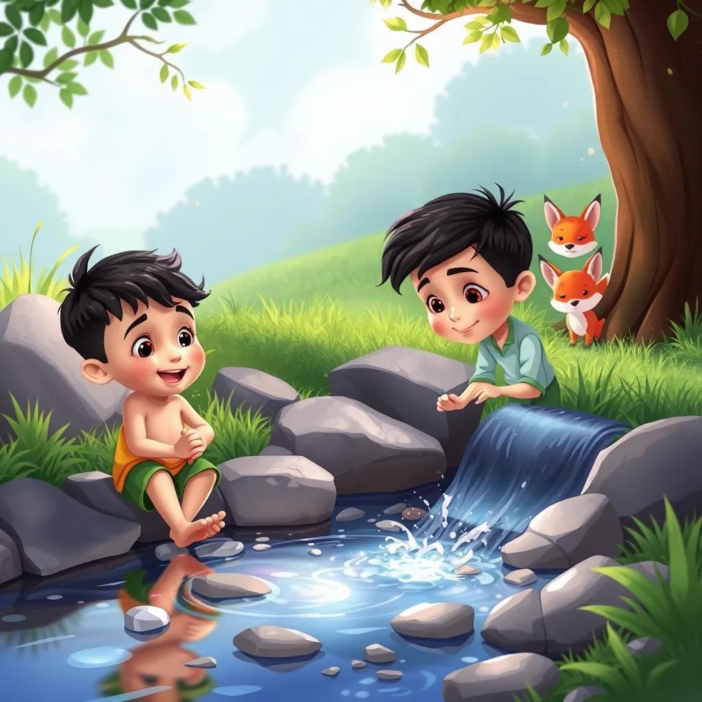 Almuzn and Alyazan playing near a sparkling stream, Almuzn dipping his toes in the water and Alyazan picking up pretty stones, with a curious little fox peeking from behind a tree, illustration, fun and playful, colorful scene, child-friendly