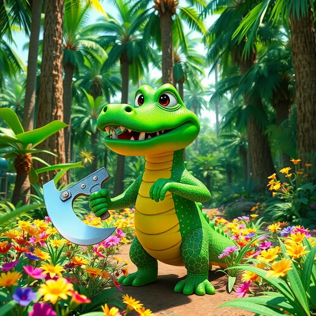 Andy the Alligator, with bright green skin and a shiny axe, exploring a vibrant jungle with tall trees and colorful flowers, cheerful atmosphere, digital art, bright colors, sunny day, dynamic perspective, high quality