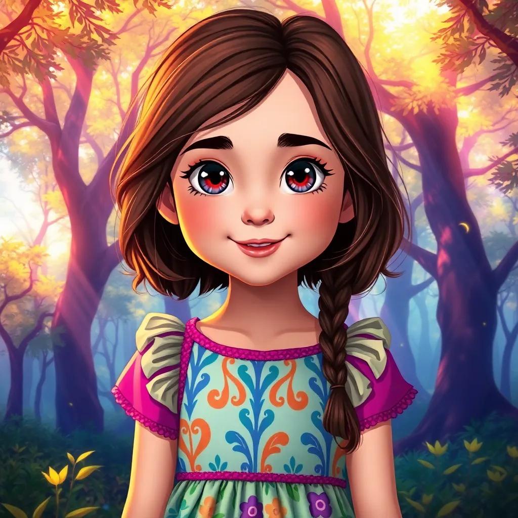 A young girl, Bayan, with bright eyes and brown hair, wearing a colorful dress, standing at the edge of an enchanting forest, vibrant colors, sunlight filtering through trees, magical atmosphere, cheerful, high quality