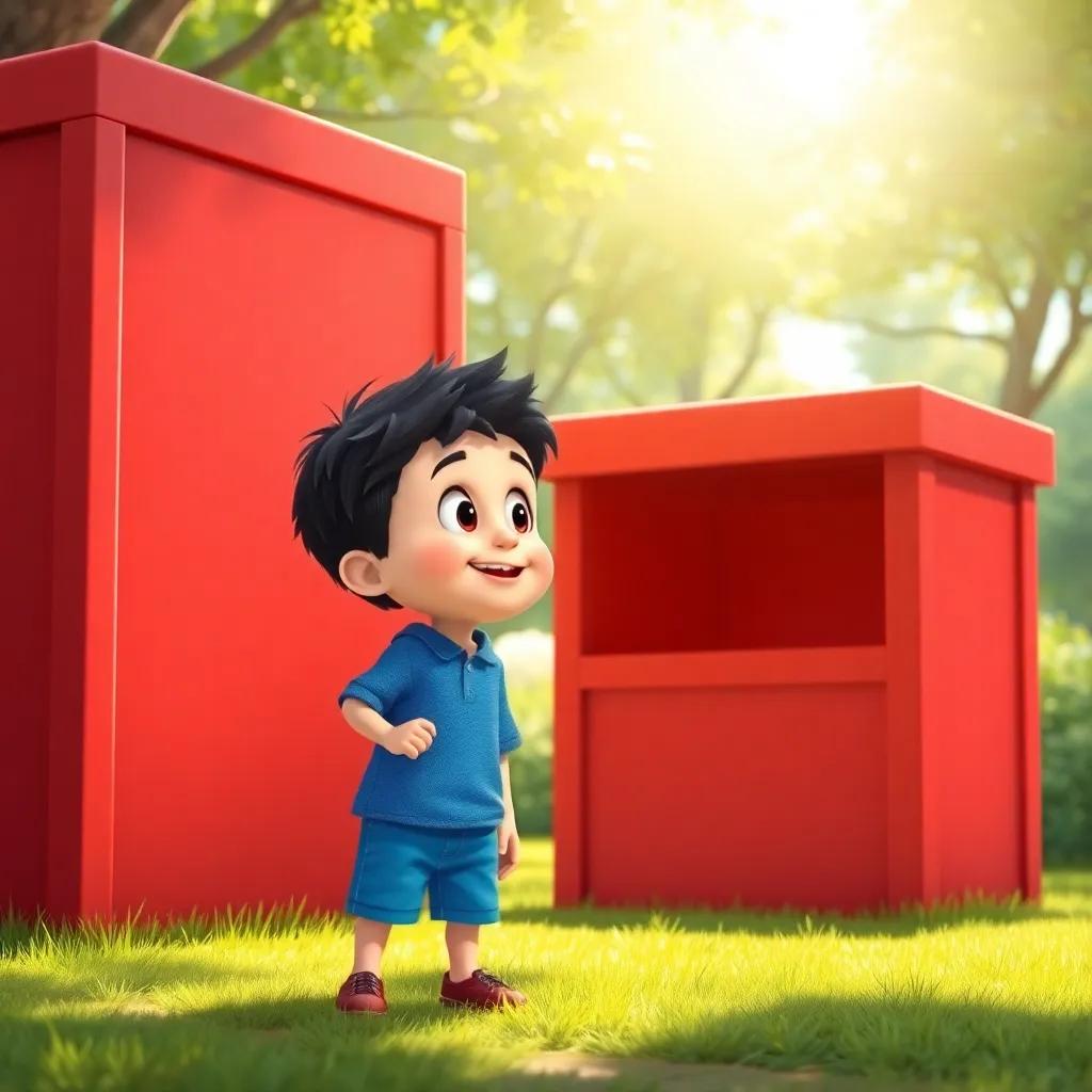 A young boy, Max, with short black hair wearing a blue shirt and shorts, looking amazed at a big red box in the park, bright sunlight illuminating the scene, joyful expression, child-friendly illustration