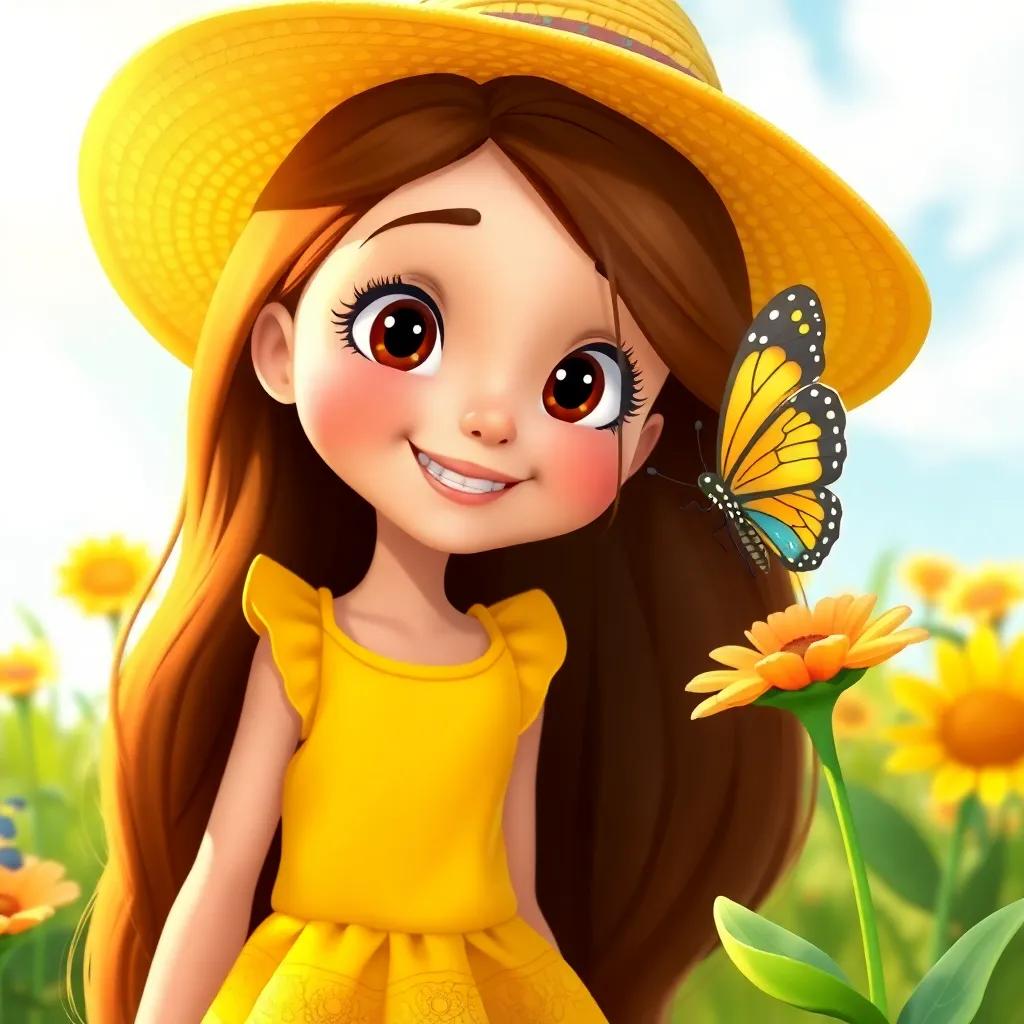 A curious girl, Bella, with long brown hair, wearing a yellow dress and a sun hat, smiling at a colorful butterfly on a flower, sunny day, bright colors, cheerful atmosphere, digital art, high quality
