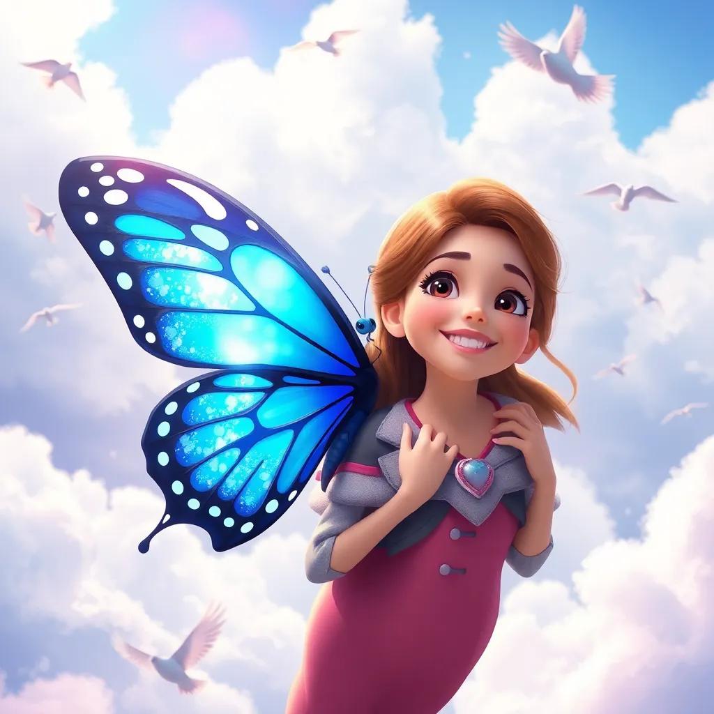 A butterfly, Blue, with bright blue sparkling wings, perched on Bella's shoulder as they fly high in the sky, birds flying, clouds fluffy, vibrant colors, joyful scene, illustrative style