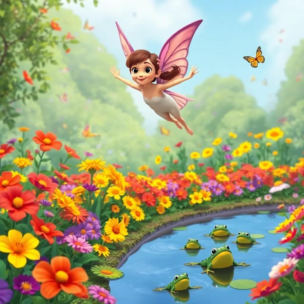 Bella soaring over a beautiful garden filled with colorful flowers in red, yellow, and purple, butterflies fluttering, a pond with jumping frogs, whimsical art, lively scene