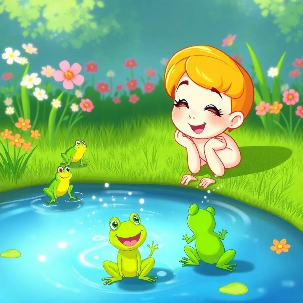 Bella laughing beside a sparkling pond, watching frogs jump, surrounded by green grass and blooming flowers, friendly frogs splashing water, light-hearted atmosphere, illustration, colorful