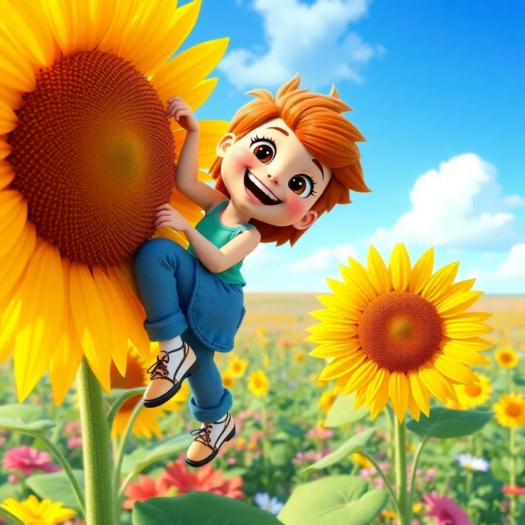 Bella climbing up a tall sunflower with a big smile, overlooking a vast garden, blue sky, colorful flowers, feeling on top of the world, bright and cheerful image