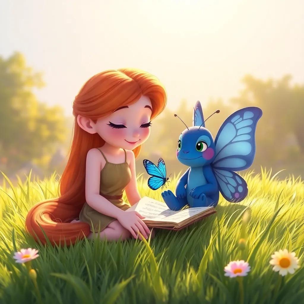 Bella resting on soft grass under the warm sun with Blue the butterfly, sharing stories, sun rays shining softly, peaceful moment, illustration, vibrant scene