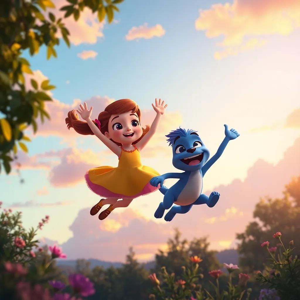 Bella and Blue flying over the garden as the sun sets, beautiful colors in the sky, waving farewell, heartwarming, dreamy atmosphere, idyllic digital art