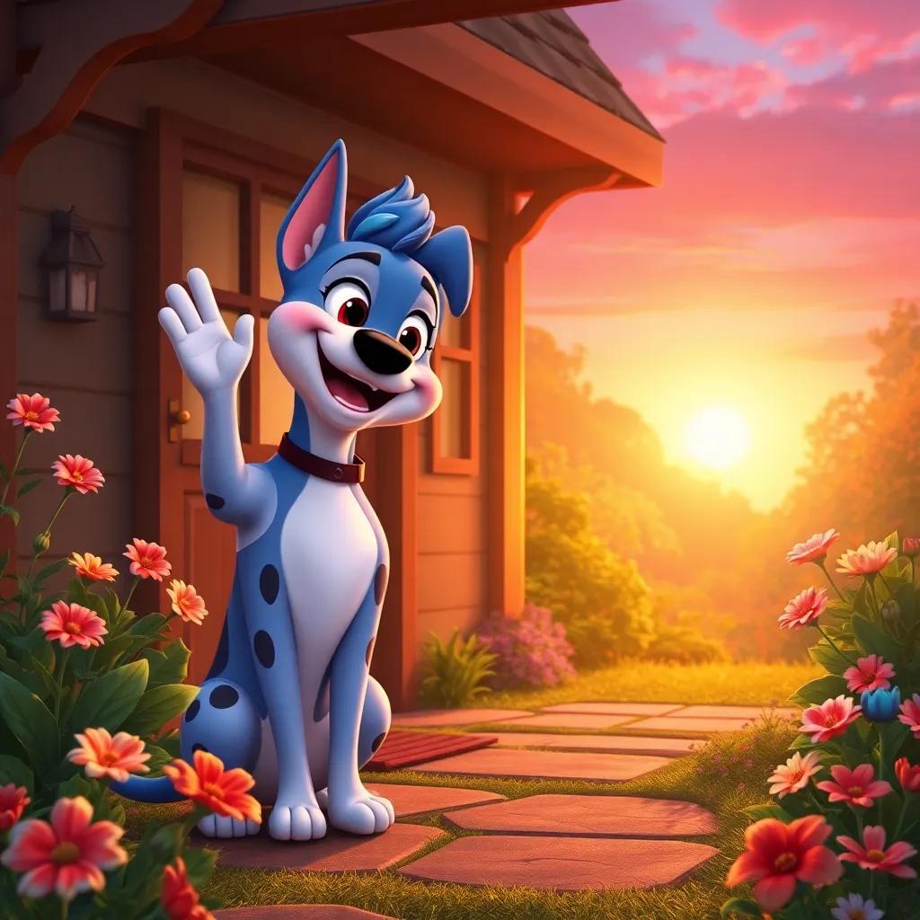 Bella waving goodbye to Blue at her home, with a happy expression, the garden in the background, colorful flowers, warmth of a setting sun, inviting feeling, illustration, high quality