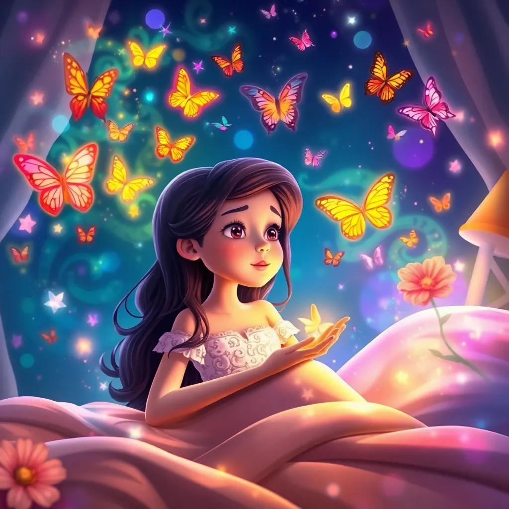 Bella dreaming about butterflies and gardens, colorful dreams swirling around her, a cozy bedroom scene, magical and whimsical, enchanting image, vivid colors, digital art