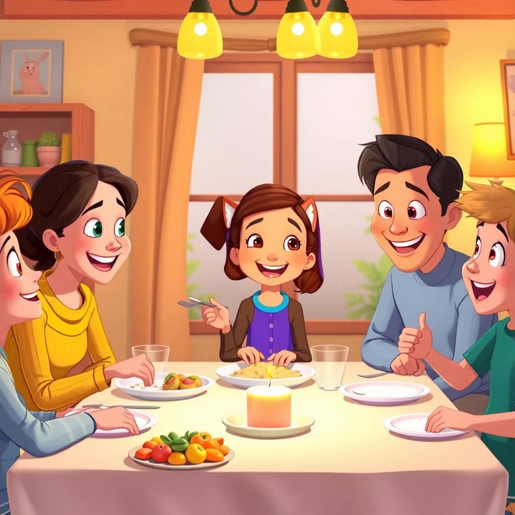 Bella happily sharing her adventure with her family at the dinner table, animated expressions, warm lighting, a comfy home atmosphere, colorful and cheerful scene, illustration