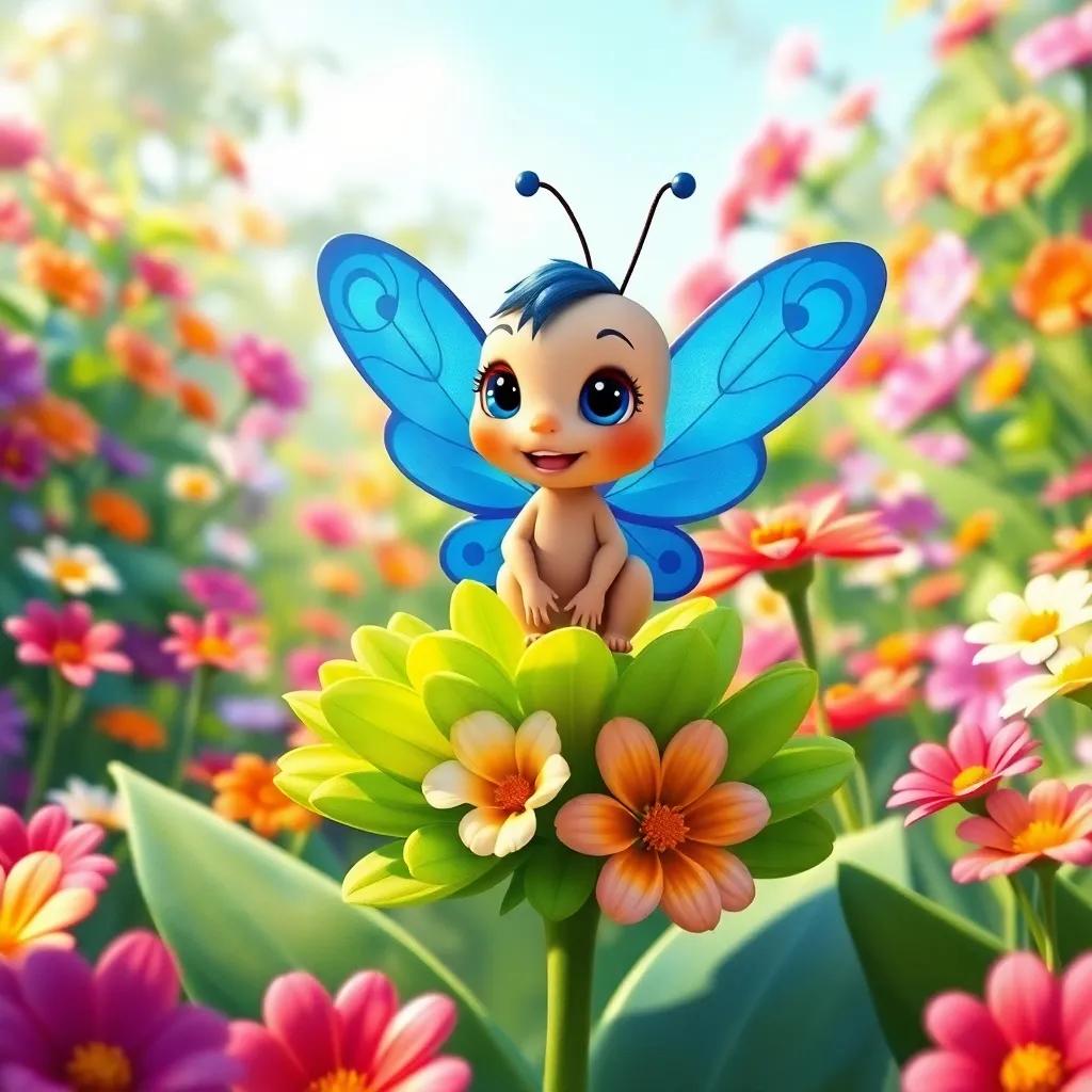 Bella the Brave Butterfly, a small creature with bright blue wings, sitting on a lush green flower in a colorful garden, vibrant flowers around, digital art, cheerful atmosphere, soft sunlight, high quality