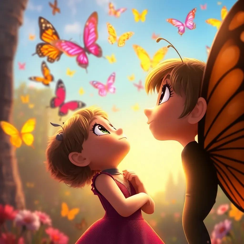 Bella the Brave Butterfly, taking a deep breath and looking up at colorful butterflies dancing in the sky, with excitement in her eyes, digital art, uplifting colors, warm lighting, clear perspective, high quality