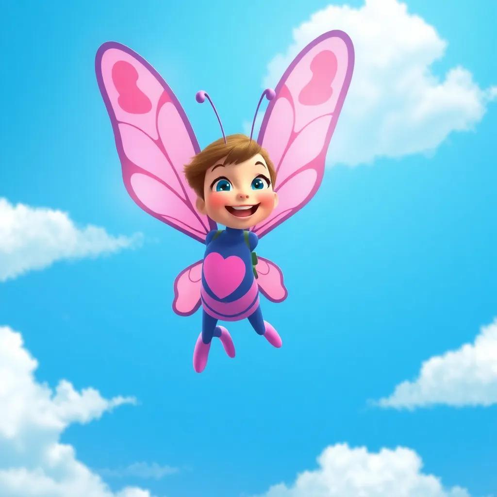 Bella the Brave Butterfly, soaring into the air, wings wide open, flapping happily with a smile on her face, bright blue sky and fluffy clouds, joyful expression, digital art, vibrant colors, high quality
