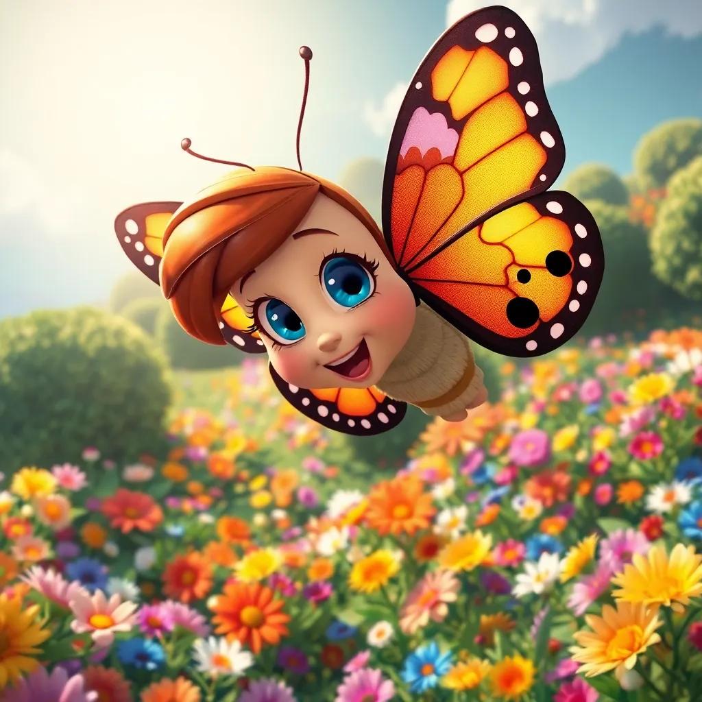 Bella the Brave Butterfly, looking down at a colorful garden patchwork from above, feeling proud and excited, digital art, colorful flowers, bright sunlight, enchanting view, high quality