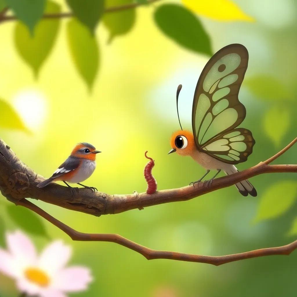 Bella the Brave Butterfly, spotting a worried bird on a branch trying to reach a worm, with determination in her eyes, digital art, vibrant nature, focus on cooperation, high quality