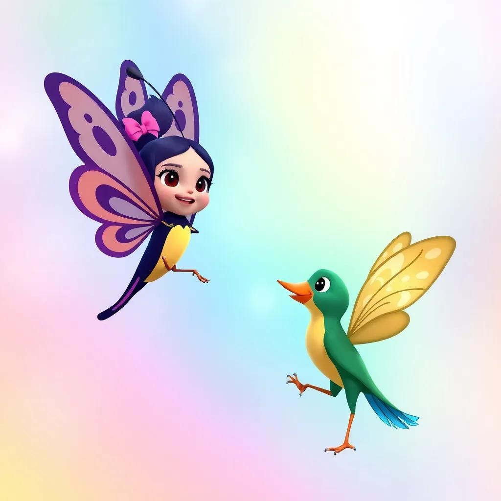 Bella the Brave Butterfly, swooping down gracefully to help the bird, both smiling and bond forming, gentle atmosphere, colorful background, digital art, heartwarming, high quality