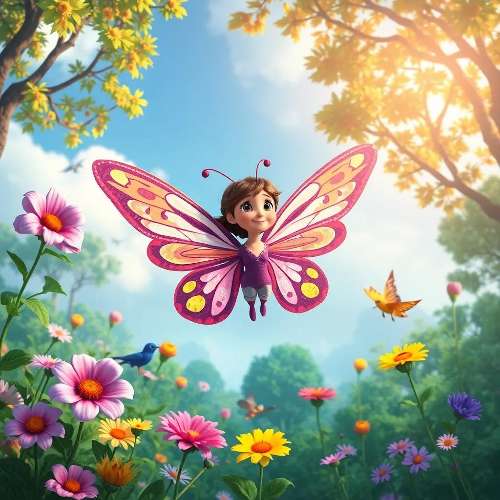 Bella the Brave Butterfly, feeling a new sense of purpose, flying high above various flowers and creatures in the forest, beautiful scenery, vibrant colors, digital art, imaginative world, high quality
