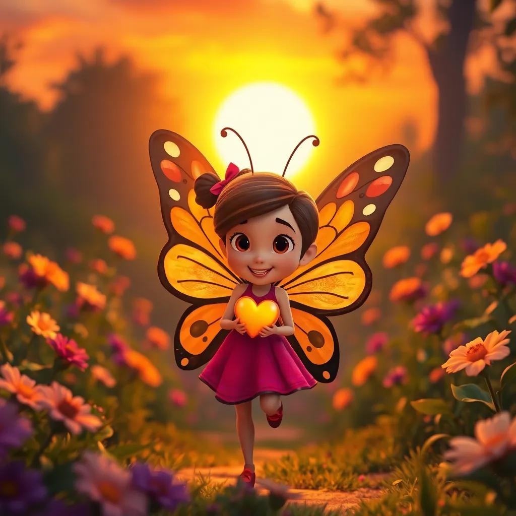 Bella the Brave Butterfly, returning home at sunset, heart full of happiness and adventure, garden glowing in warm light, digital art, inspiring mood, high quality