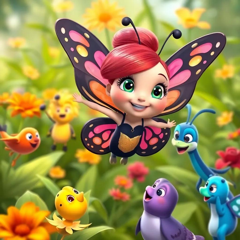 Bella the Brave Butterfly, flying joyfully in her garden, surrounded by new friends, each looking impressed and happy, bright colors, sense of community and friendship, digital art, high quality