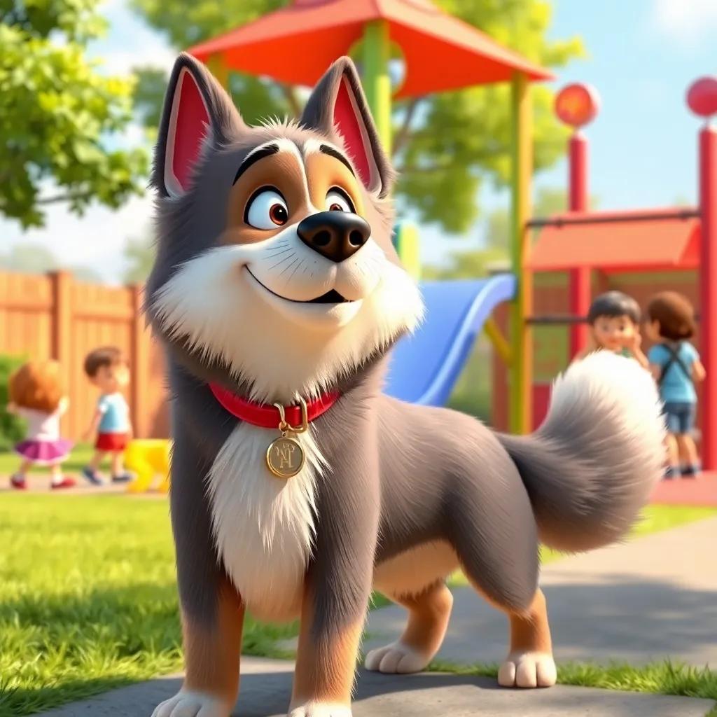 Max, a friendly dog with fluffy fur, looking at Benny with excitement, wagging his tail, standing next to a playground with children playing, bright day, cartoon style, warm colors, high quality