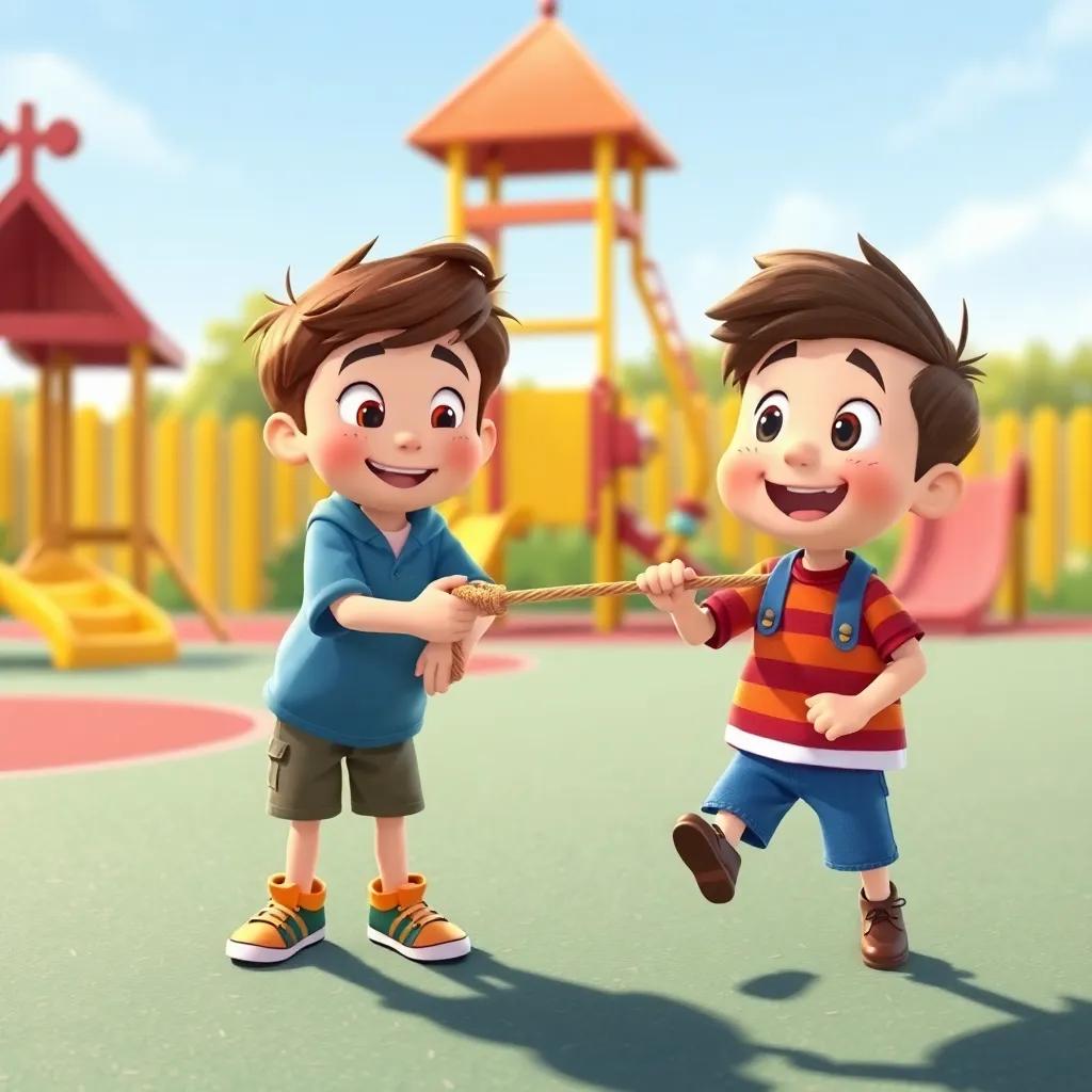 Max holding a long, sturdy string tied to Benny, both looking determined, a backdrop of the playground, laughter in the air, playful energy, illustration, colorful, high quality