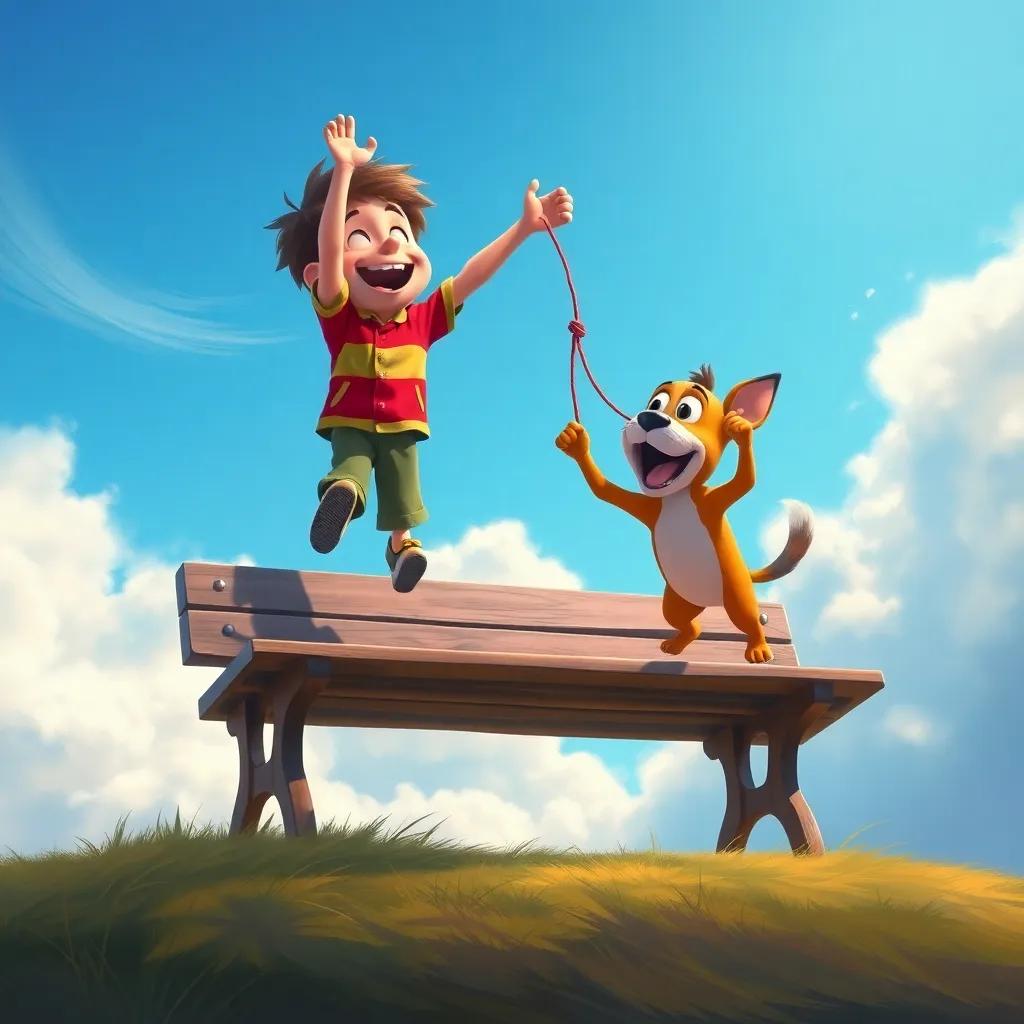 Benny lifting off the bench into a bright blue sky, with wispy clouds around him, Max leaping joyfully with the string in his mouth, sense of wonder in the air, digital painting, vivid colors, high quality
