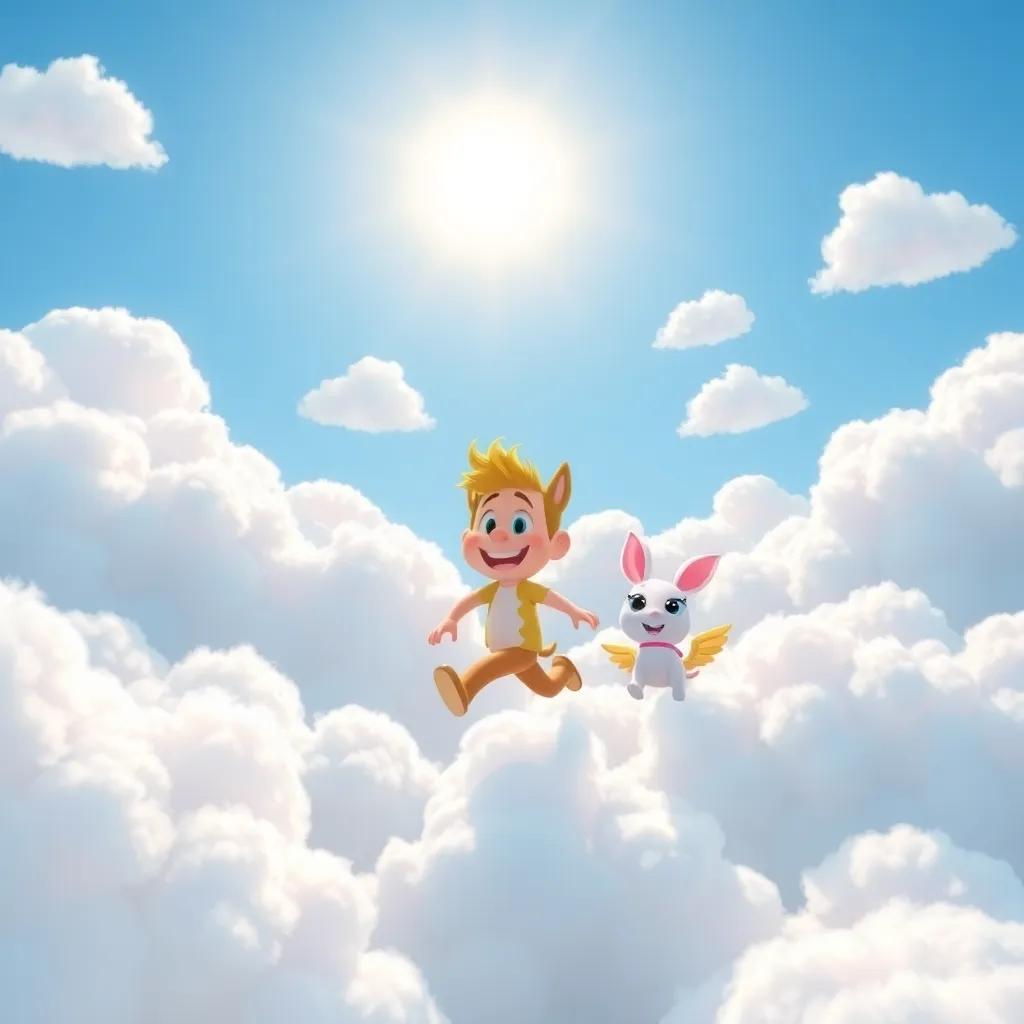 Benny surrounded by fluffy white clouds, different sized clouds looking like cotton candy, Max happily chasing Benny, shining sun above, fun atmosphere, cheerful art, high quality