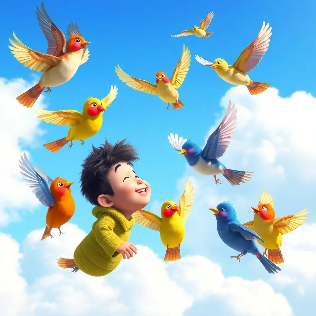 Benny meeting friendly birds in the sky, colorful birds flapping their wings, the blue sky and fluffy clouds behind, joyful interaction, digital art, bright colors, high quality