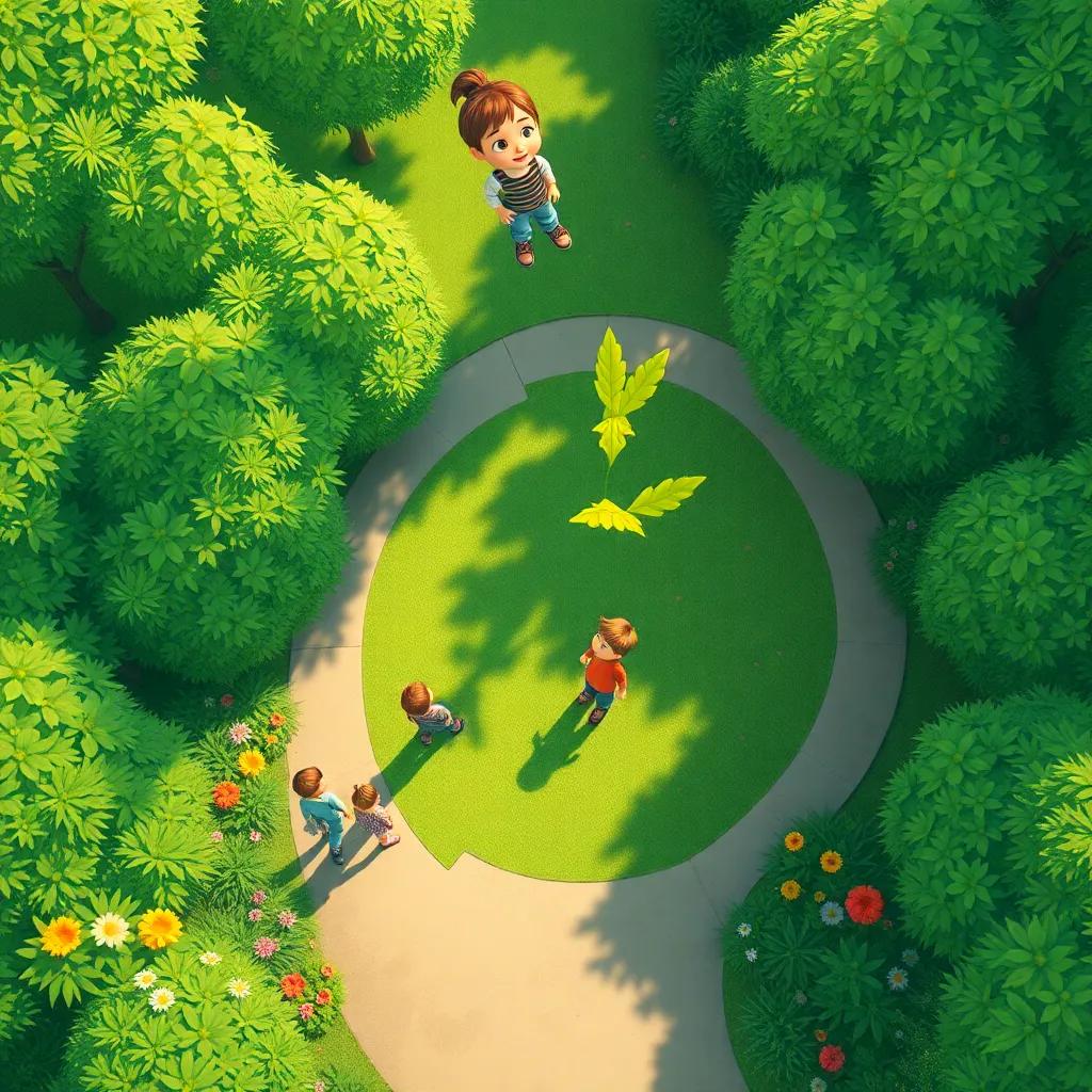 A view from above showing the park as a tiny toy, kids and flowers below looking small and beautiful, Benny floating above with Max nearby, blissful feeling, illustration, colorful, high quality