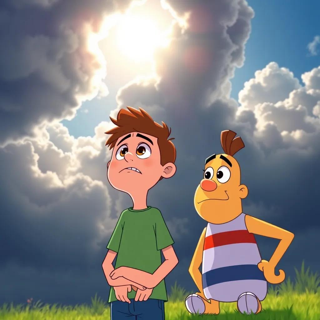 Benny seeing dark clouds in the distance, feeling worried but Max looking encouraging next to him, a mix of sunny and shadowed sky, tension in the air, cartoon style, bright colors, high quality