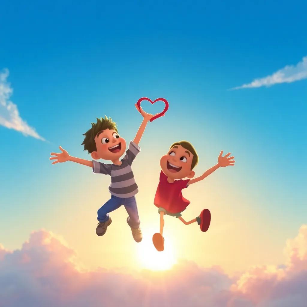 Benny and Max swirling through the sky making heart shapes, bright sun setting in the background, feeling of friendship and joy, digital painting, warm colors, high quality