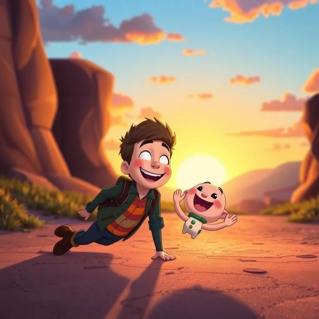 Benny landing softly on the ground next to Max with sunset colors in the background, both smiling joyfully, satisfaction after adventure, heartwarming atmosphere, illustration, vibrant, high quality