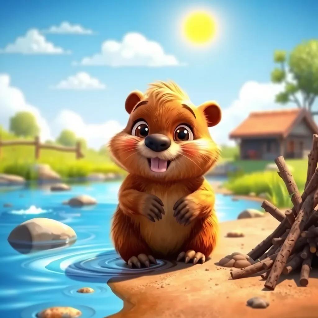 A small beaver named Benny, with shiny brown fur and bright eyes, happily gathering sticks and mud near a cheerful river, under a sunny sky, digital art, vibrant colors, friendly atmosphere, high quality