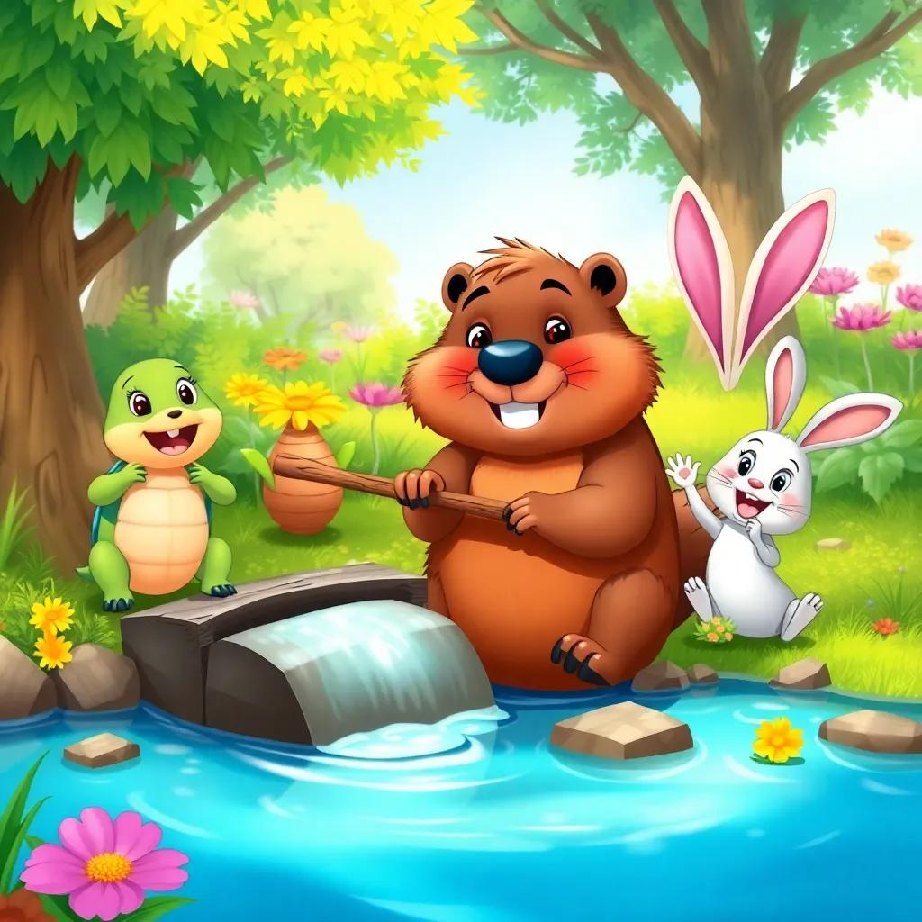 Benny the beaver using sticks to build a dam, his friends Timmy the turtle and Carla the rabbit cheering him on with big smiles, surrounded by beautiful trees and flowers, illustration, colorful, uplifting scene, high quality