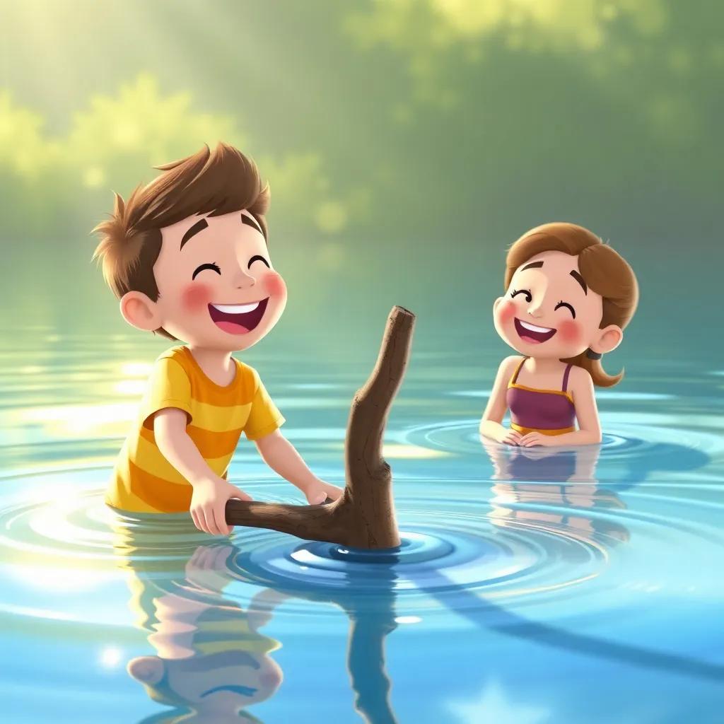 Benny placing the first stick in the water, it floating away as he laughs with Timmy and Carla, bright sunny day, light reflecting on the water, whimsical style, cheerful, high quality