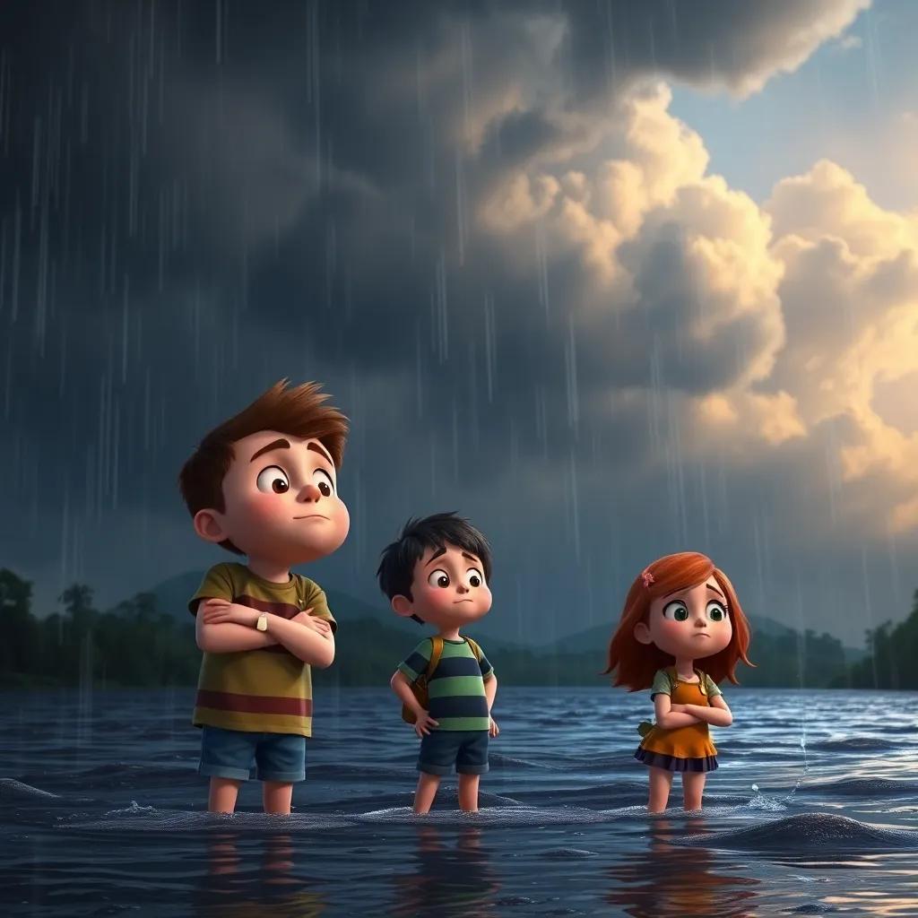 Dark clouds gathering in the sky with rain pouring down, Benny, Timmy, and Carla looking worried as the river rises, a sense of urgency in the atmosphere, dramatic lighting, vibrant colors, high quality