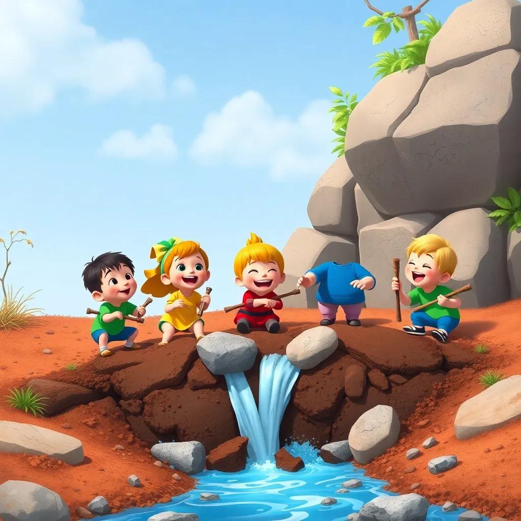 Benny and his friends working together to strengthen the dam, gathering sticks, mud, and stones, joyfully singing while they work, a sense of teamwork and fun, colorful, heartwarming scene, high quality