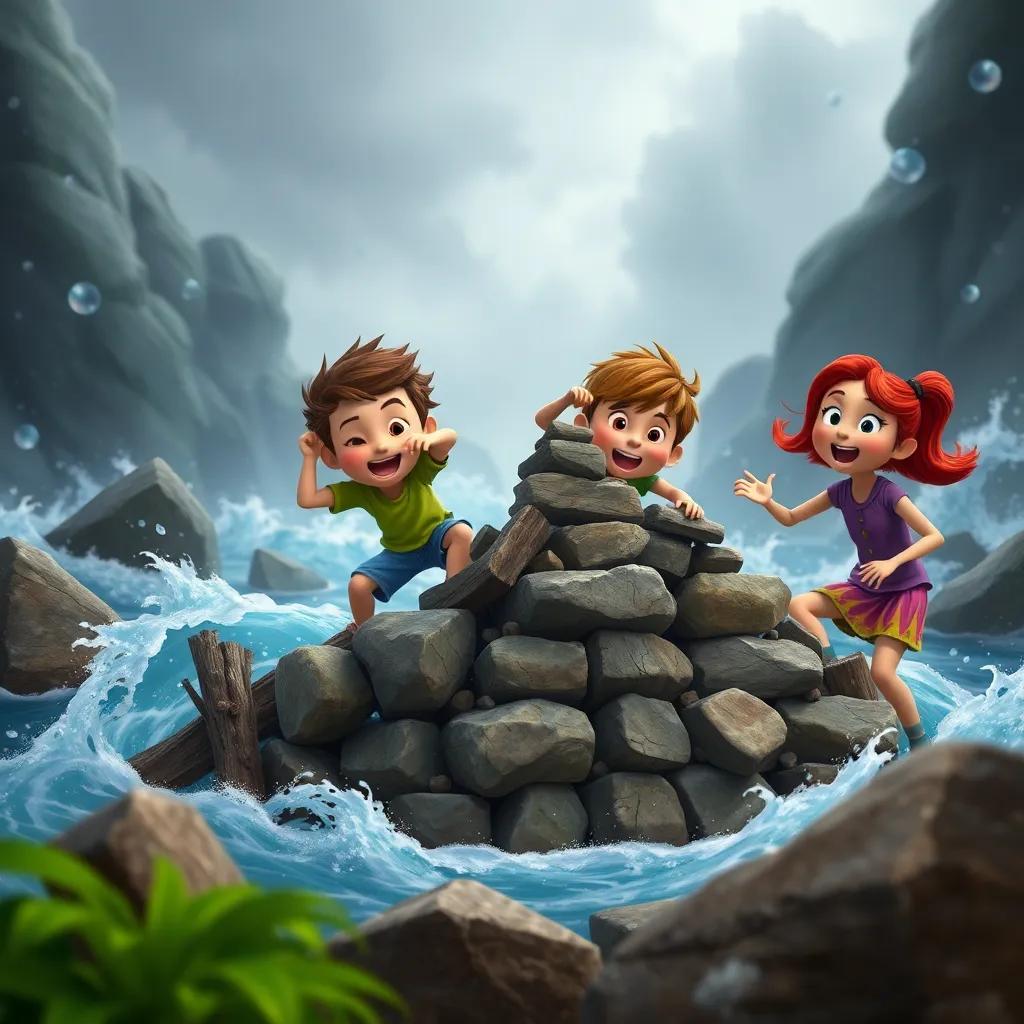 Benny, Timmy, and Carla hurriedly stacking sticks and stones to build the dam as the storm rages, determination on their faces, the river swirling around them, adventurous style, dynamic, high quality