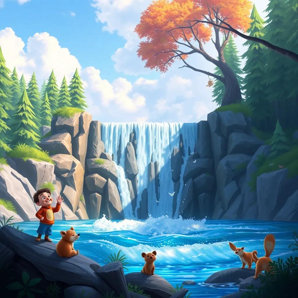 The completed dam holding strong against the rising water, Benny and friends looking proud and joyful, other forest animals cheering, vibrant colors, triumphant scene, high quality