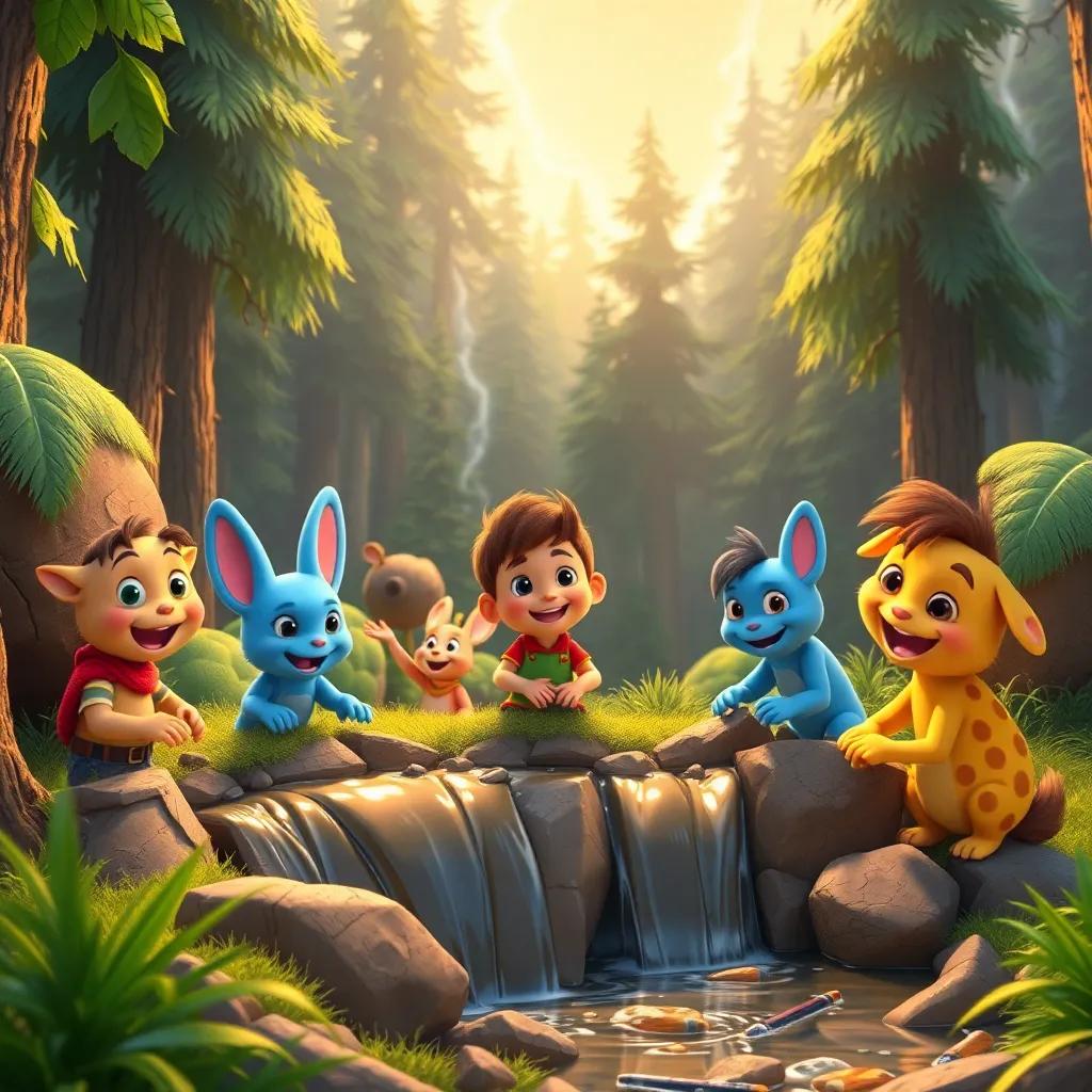 Benny building more dams with his friends in the peaceful forest after the storm, smiling and playing together, colorful, warm light, cheerful and friendly atmosphere, high quality