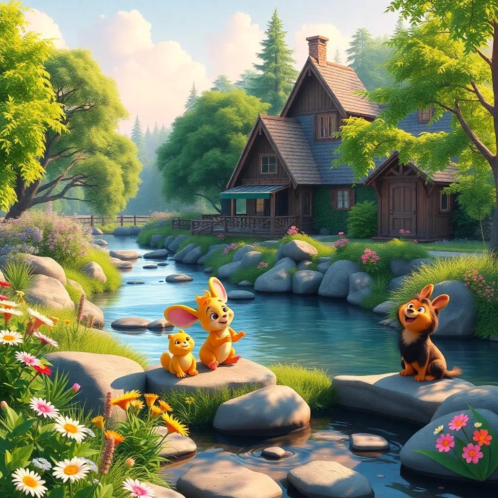 A heartwarming scene of Benny and his friends enjoying their beautiful home, the river flowing gently, surrounded by trees and flowers, happy and peaceful imagery, vibrant colors, high quality