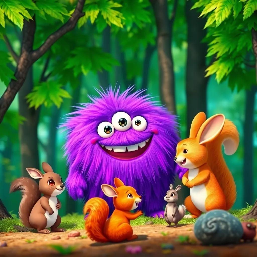 A fluffy purple monster, Bommmk, with three eyes and a wide smile, cheerfully talking to forest animals like a squirrel and rabbit, surrounded by vibrant green trees, digital art, colorful, cheerful atmosphere, engaging, high quality