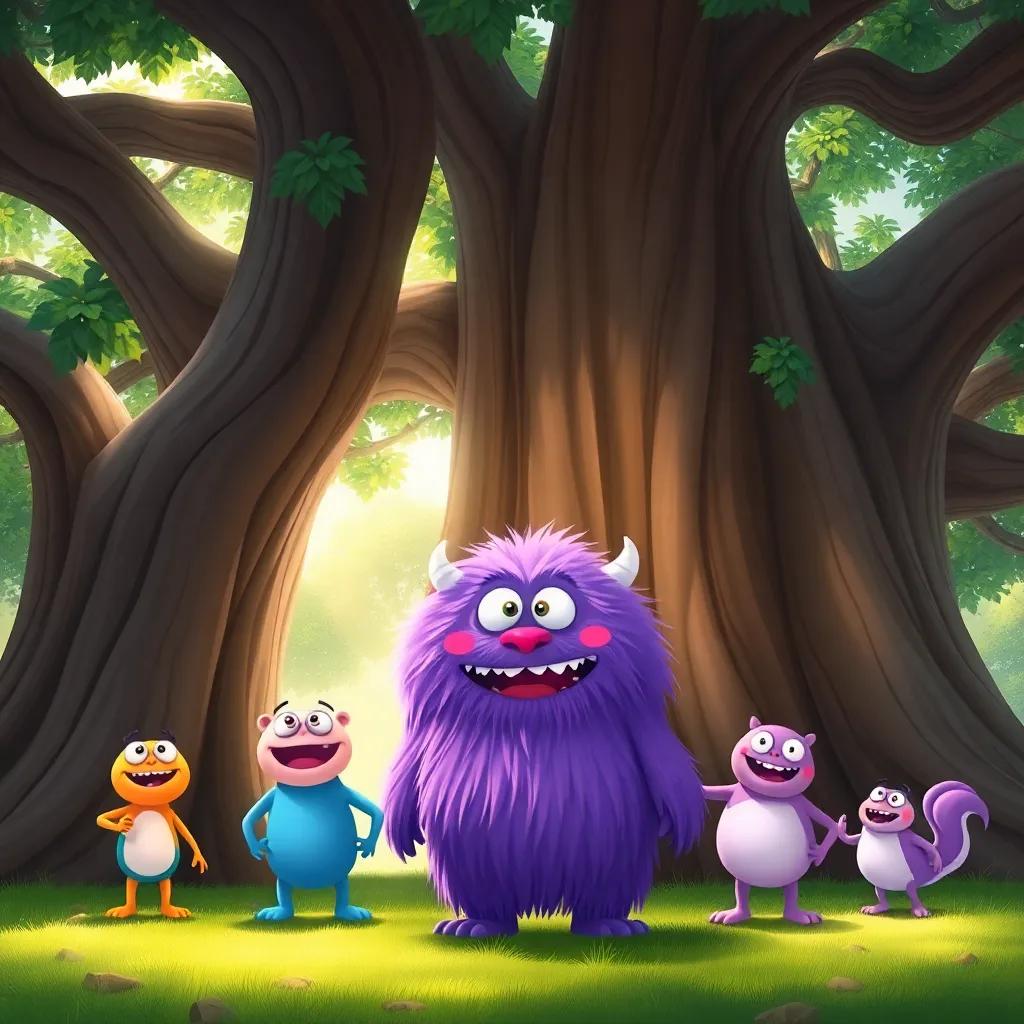 Bommmk, the fluffy purple monster, standing in front of a massive oak tree with his friends, sunlight filtering through the leaves, excitement on their faces, illustration, bright and lively, adventurous mood, child-friendly
