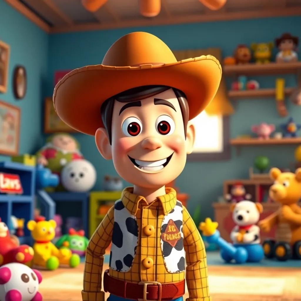 A brave cowboy doll, Woody, with a big smile and a hat, in a cozy room filled with toys, illustration, bright colors, warm light, cheerful atmosphere, high quality