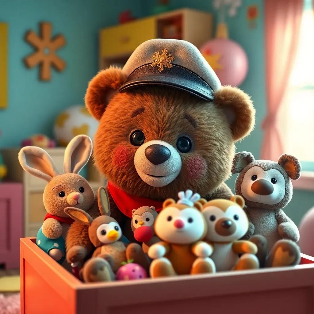 A brave plush bear, Captain Cuddles, wearing a tiny captain's hat, gathering stuffed animals like rabbits, an owl, and a puppy in a cozy toy box, colorful room, playful atmosphere, inviting light, bright colors, cheerful mood, high quality