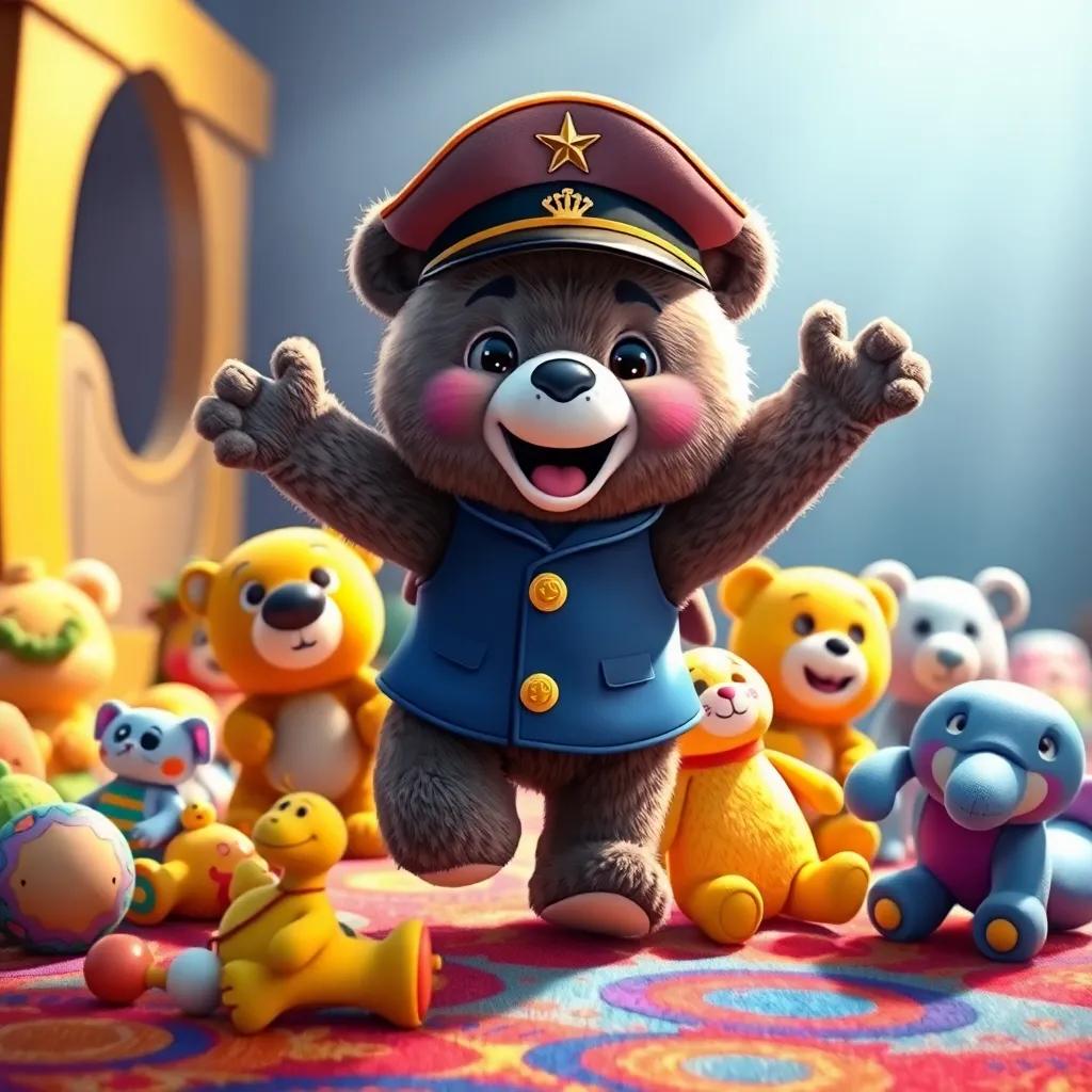 Captain Cuddles, a plush bear captain, enthusiastically leading his stuffed animal friends on an adventure, vibrant carpet with colorful toys around, joyful expressions, sunlight shining, whimsical art, imaginative scene, high quality