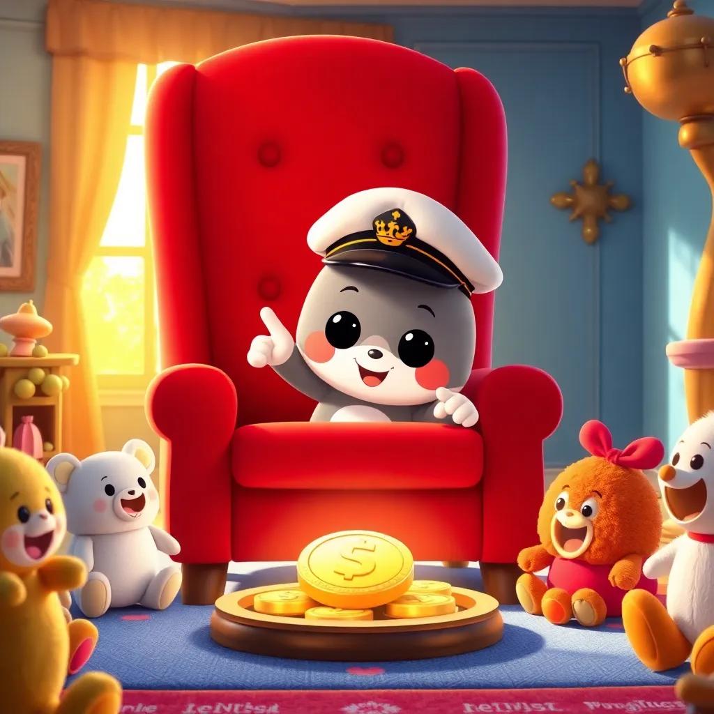 Captain Cuddles pointing to a shiny golden coin under a big red chair, surrounded by excited plush friends, warm sunlight illuminating the scene, colorful room, treasure hunt spirit, playful moment, joyful ambiance, high quality