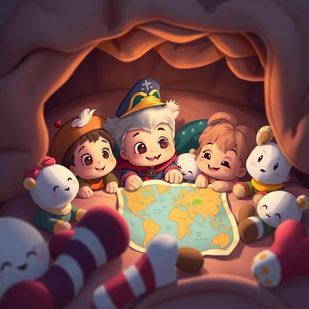 A brave Captain Cuddles and friends exploring under the bed, with dust bunnies and a colorful map found amidst stuffed socks, imaginative and playful scene, warm colors, whimsical style, high quality